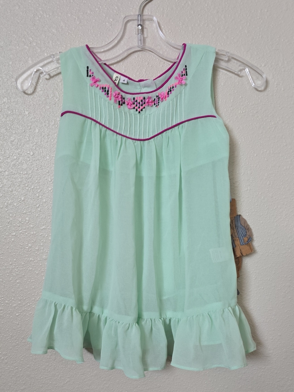 Girls Mint Green Embroidered Ruffle Tank Top
